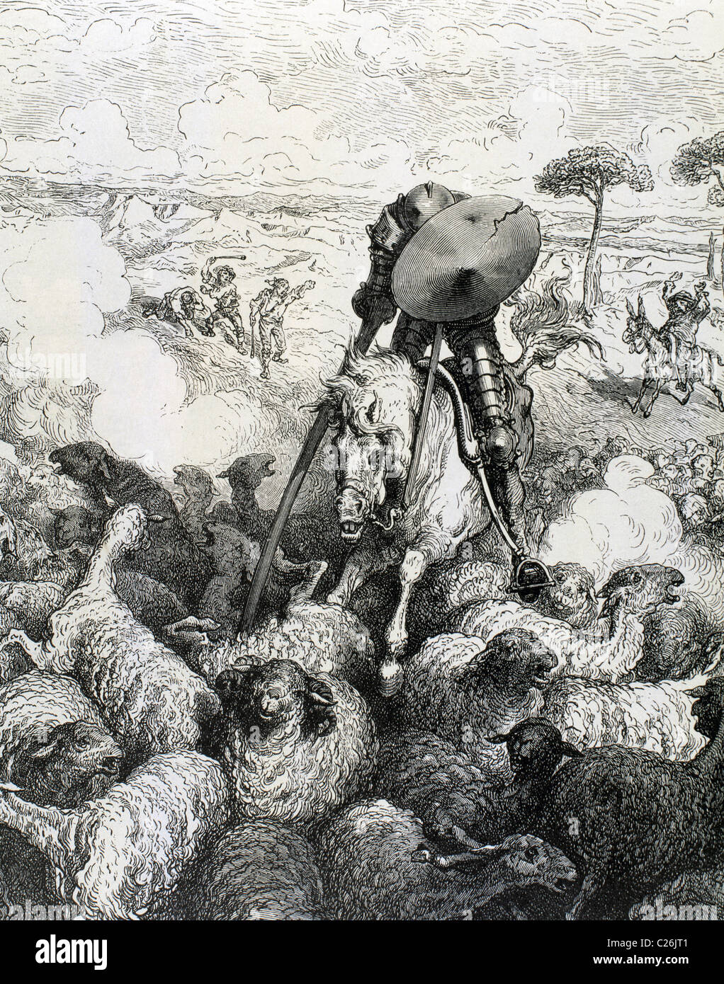 L'ingénieux hidalgo Don Quichotte de La Mancha, de Cervantès. Don Quichotte attaquant le troupeau de moutons et chèvres. Dore. Banque D'Images