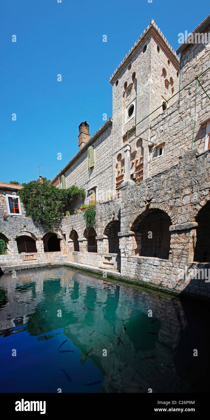 L'enceinte fortifiée, Tvrdalj résidence d'été de Petar Hektorović ville de Stari Grad sur l'île de Hvar. Dans la piscine de poissons. Tvrdalj Banque D'Images