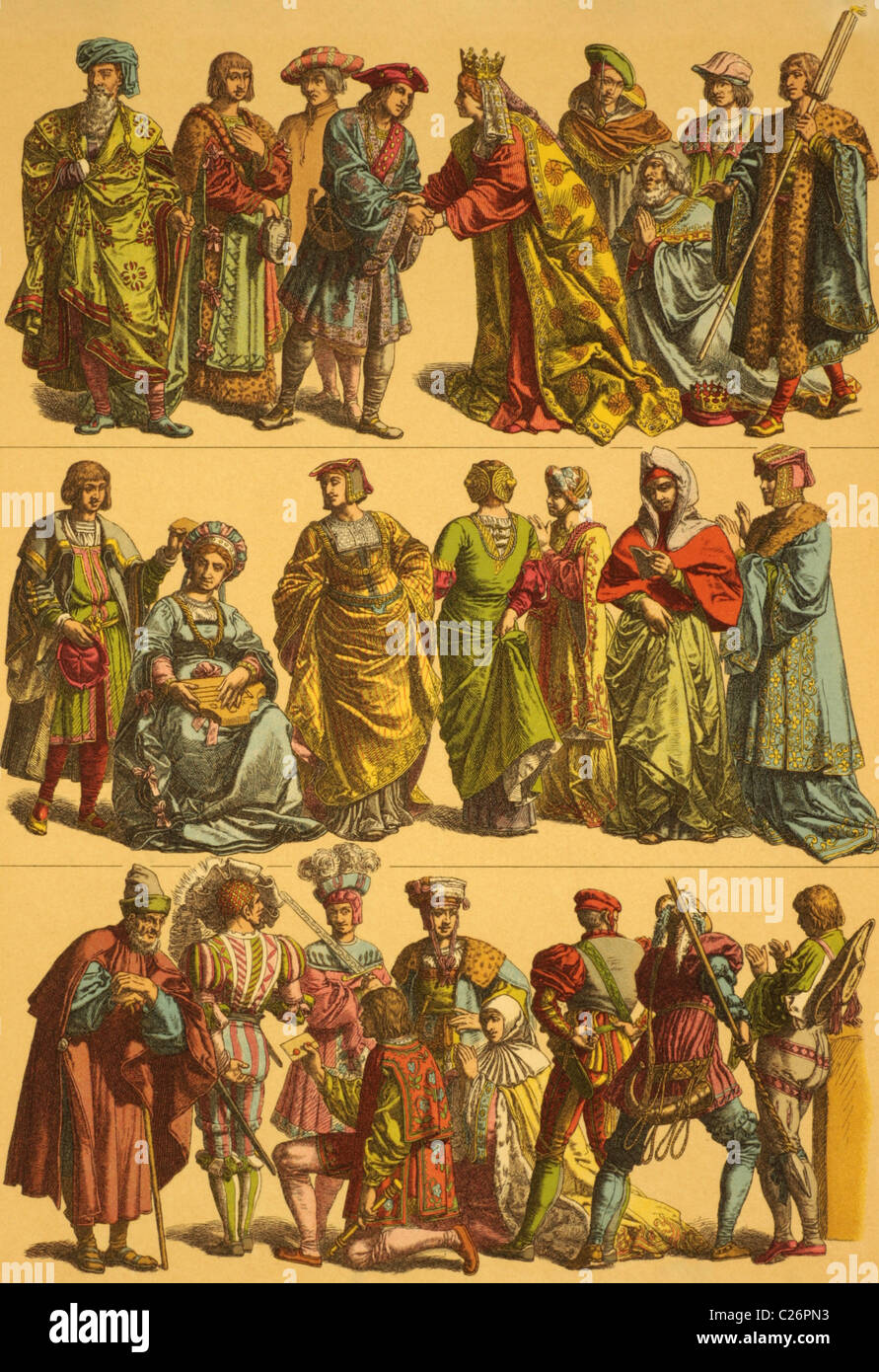 16e siècle Pays-bas costume sur la gravure de 1890 par Fr.Hottenroth. Banque D'Images
