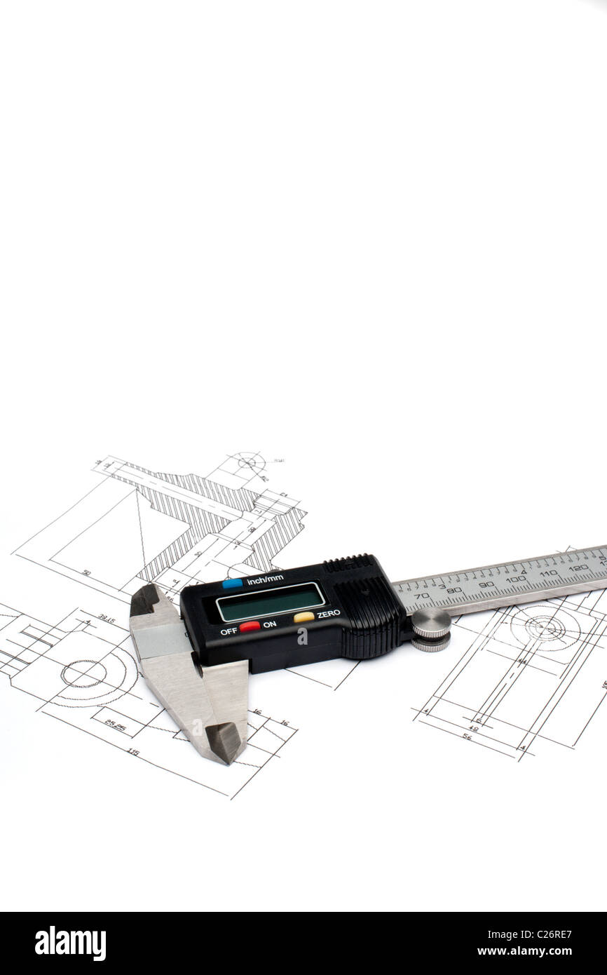 Assis sur un pied à coulisse numérique bleu Banque D'Images
