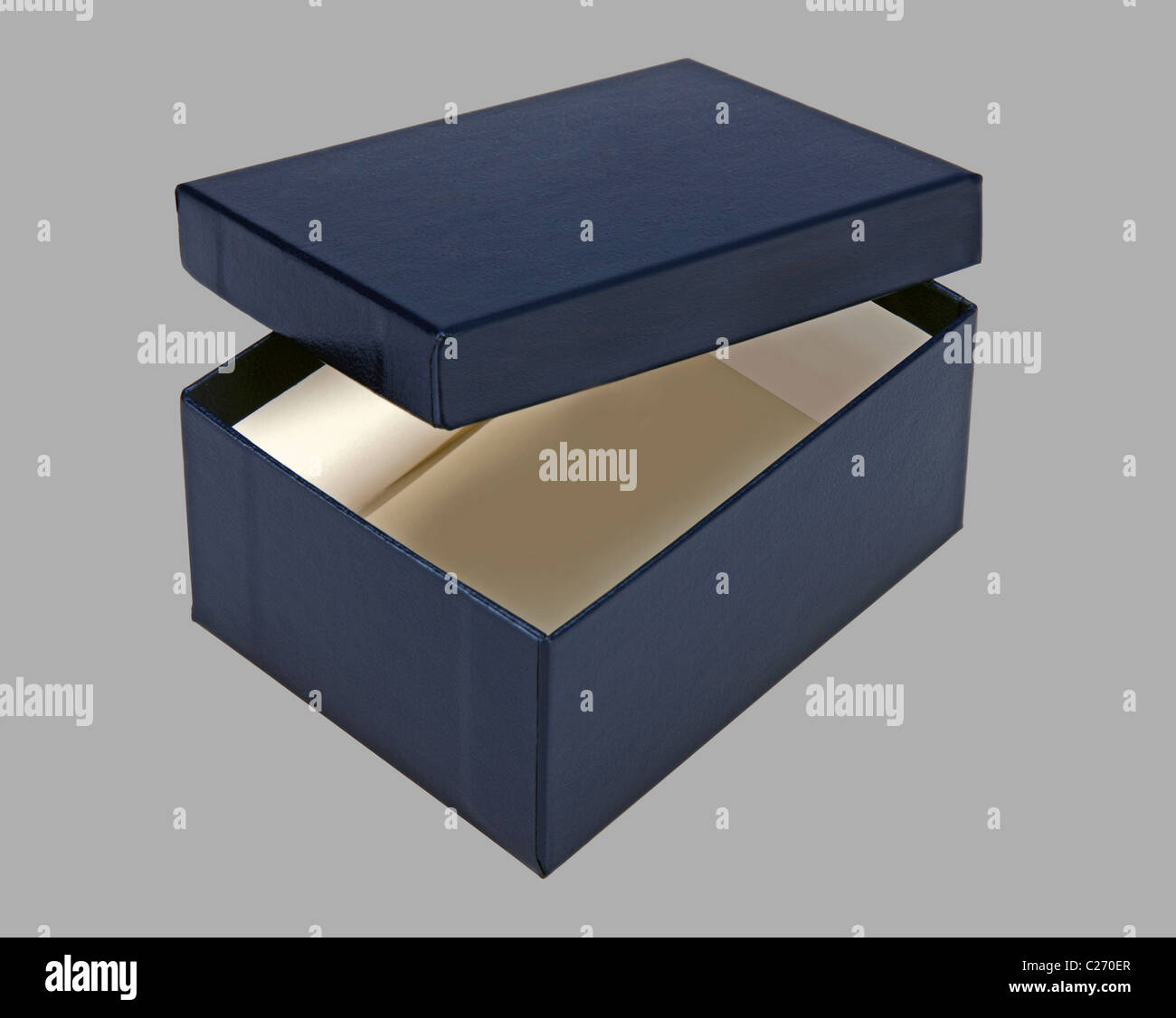 Petite boîte bleue, ouverte avec un couvercle, pour la mise en page design Banque D'Images