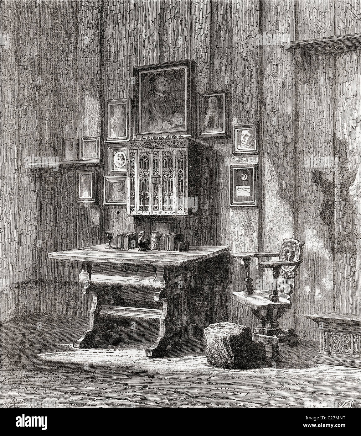 La salle en château de Wartburg à Eisenach, en Thuringe, en Allemagne, où Martin Luther a traduit le Nouveau Testament en allemand. Banque D'Images