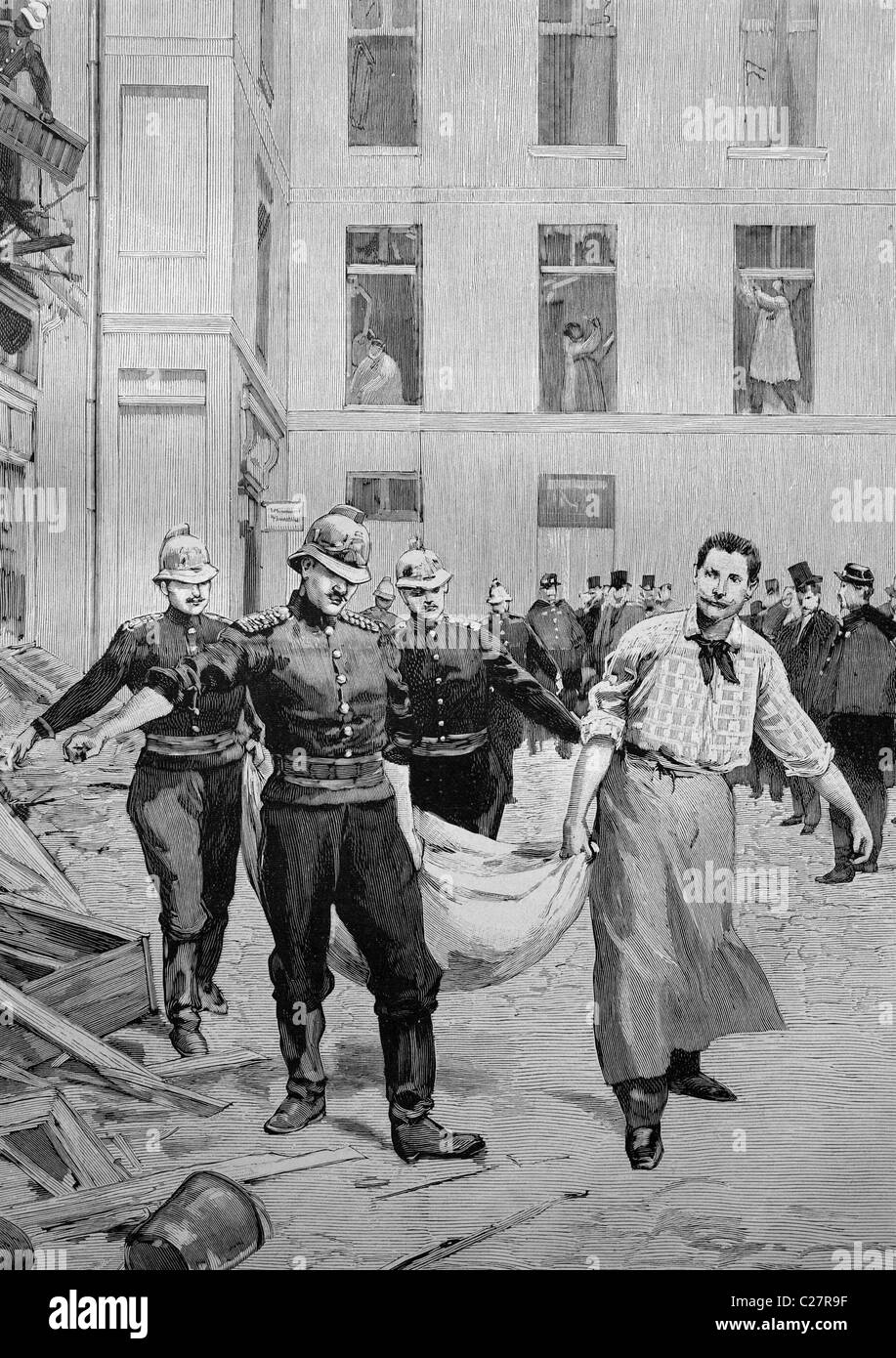 Explosion de dynamite à Paris, France, les victimes d'être emporté, illustration historique, ca. 1893 Banque D'Images