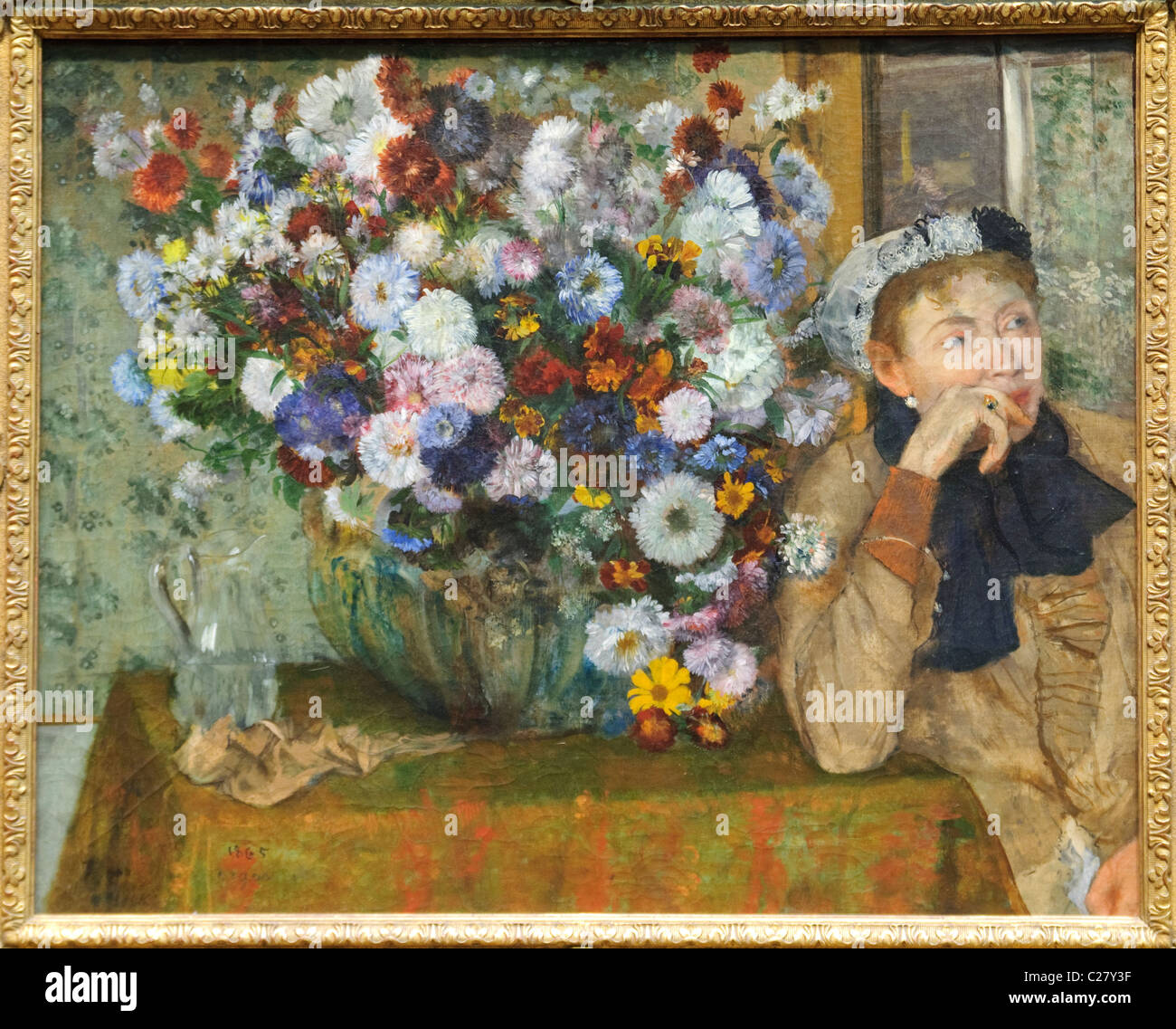 Une femme assise à côté d'un vase de fleurs, (Madame Paul Valpinçon ?), 1865, Edgar Degas, Banque D'Images