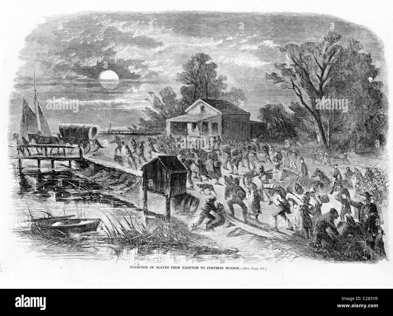 Stampede d'échapper des esclaves d'Hampton à la Forteresse de Monroe. Amérique latine 1861 Banque D'Images