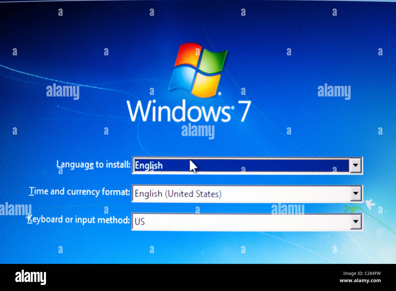 L'écran d'installation de Windows 7 sur un écran PC écran England UK Banque D'Images