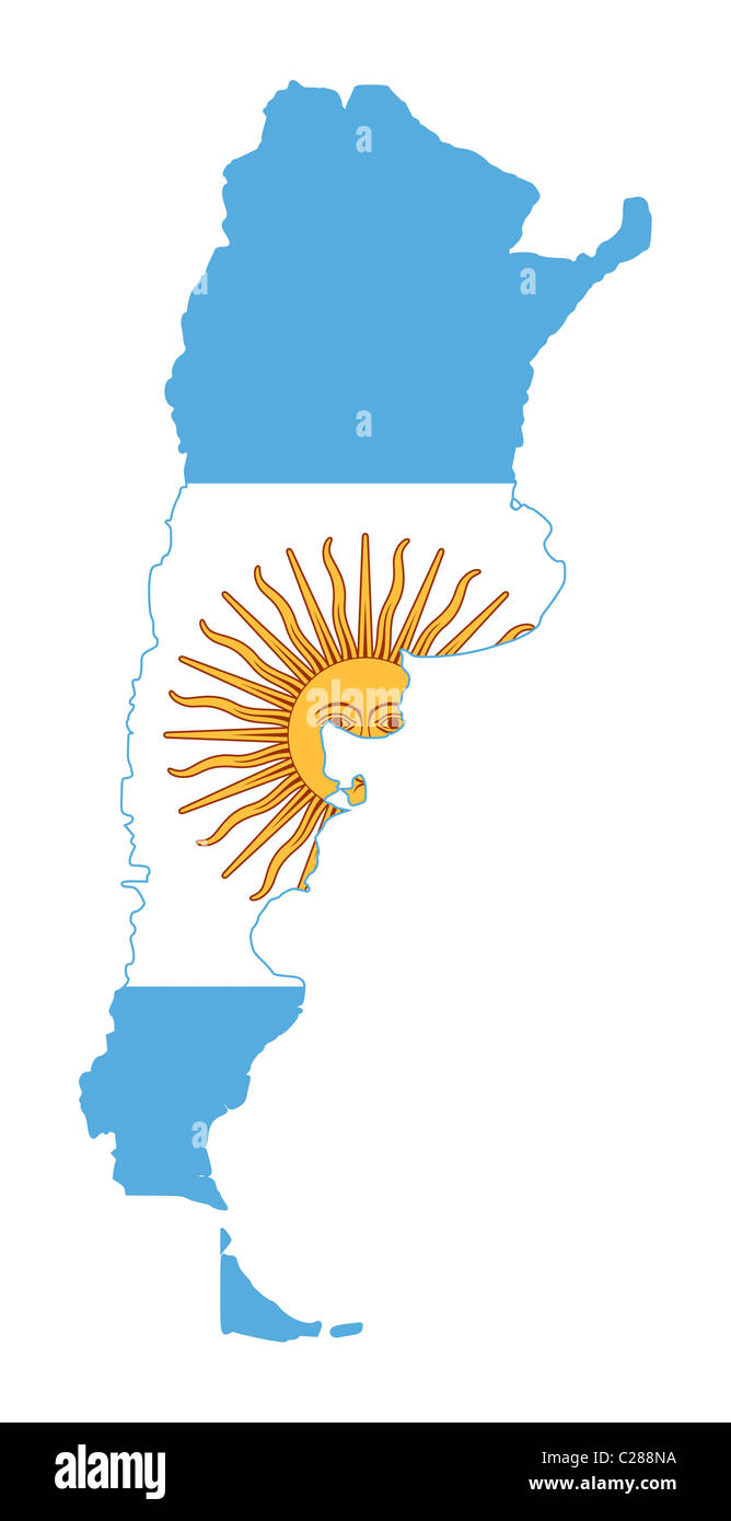 Illustration de l'Argentine d'un drapeau sur la carte de pays ; isolé sur fond blanc. Banque D'Images