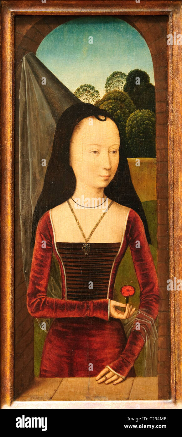 Jeune femme avec une rose, ca. 1485-90, attribué à Hans Memling, Banque D'Images