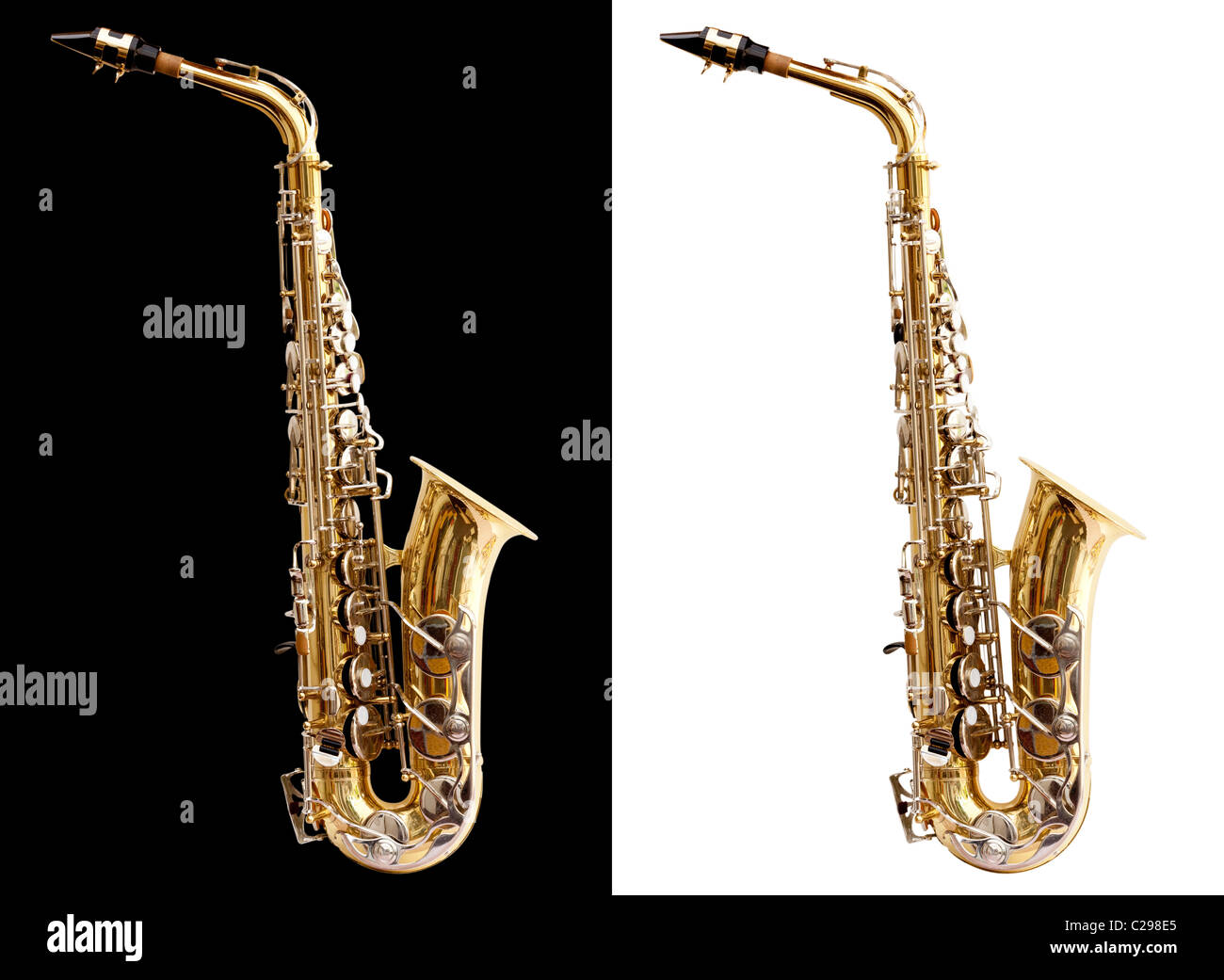 Saxophone isolé avec chemin de détourage sur noir et blanc pour une utilisation facile Banque D'Images