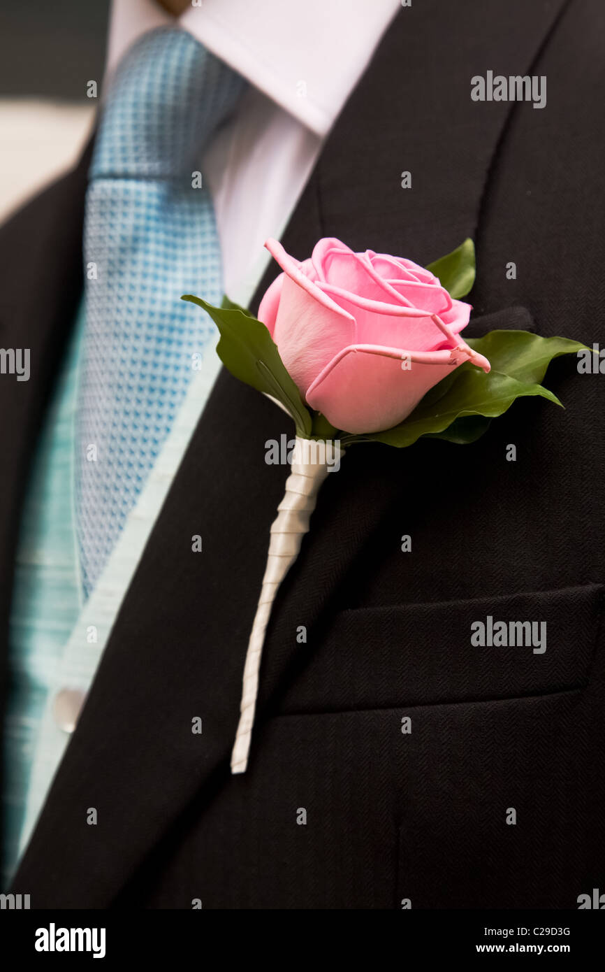 Seule rose rose l'art de la guerre la bande fixée à la boutonnière du marié pour son jour de mariage Banque D'Images