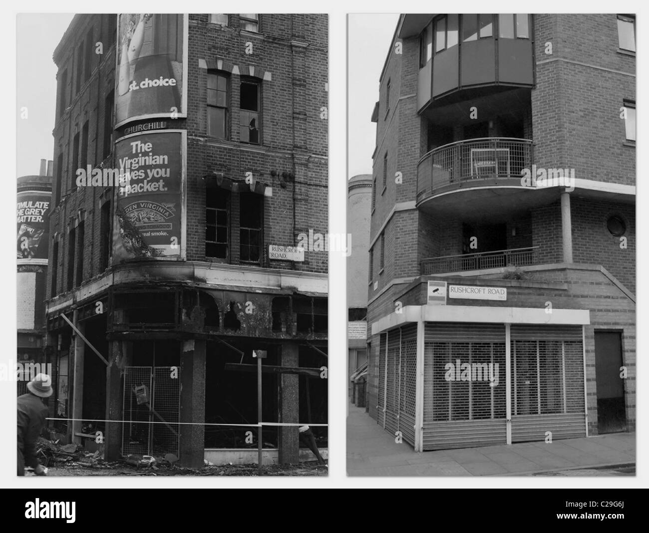 Émeutes de Brixton sur 30 ans, 2 images l'une du 12 avril 1981 et à quoi il ressemble maintenant en avril 2011 de Rushcroft Brixton Road Banque D'Images