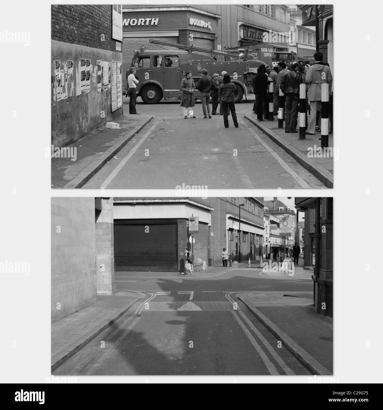 Hier et aujourd'hui images de Brixton 30 ans sur l'émeute de 1981. Les images sont de jonction de Electric Lane et Coldharbor Lane Banque D'Images