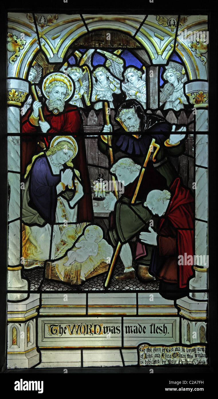 Un vitrail par le Kempe Studios, représentant l'Adoration des bergers, Naomé, Cumbria Banque D'Images