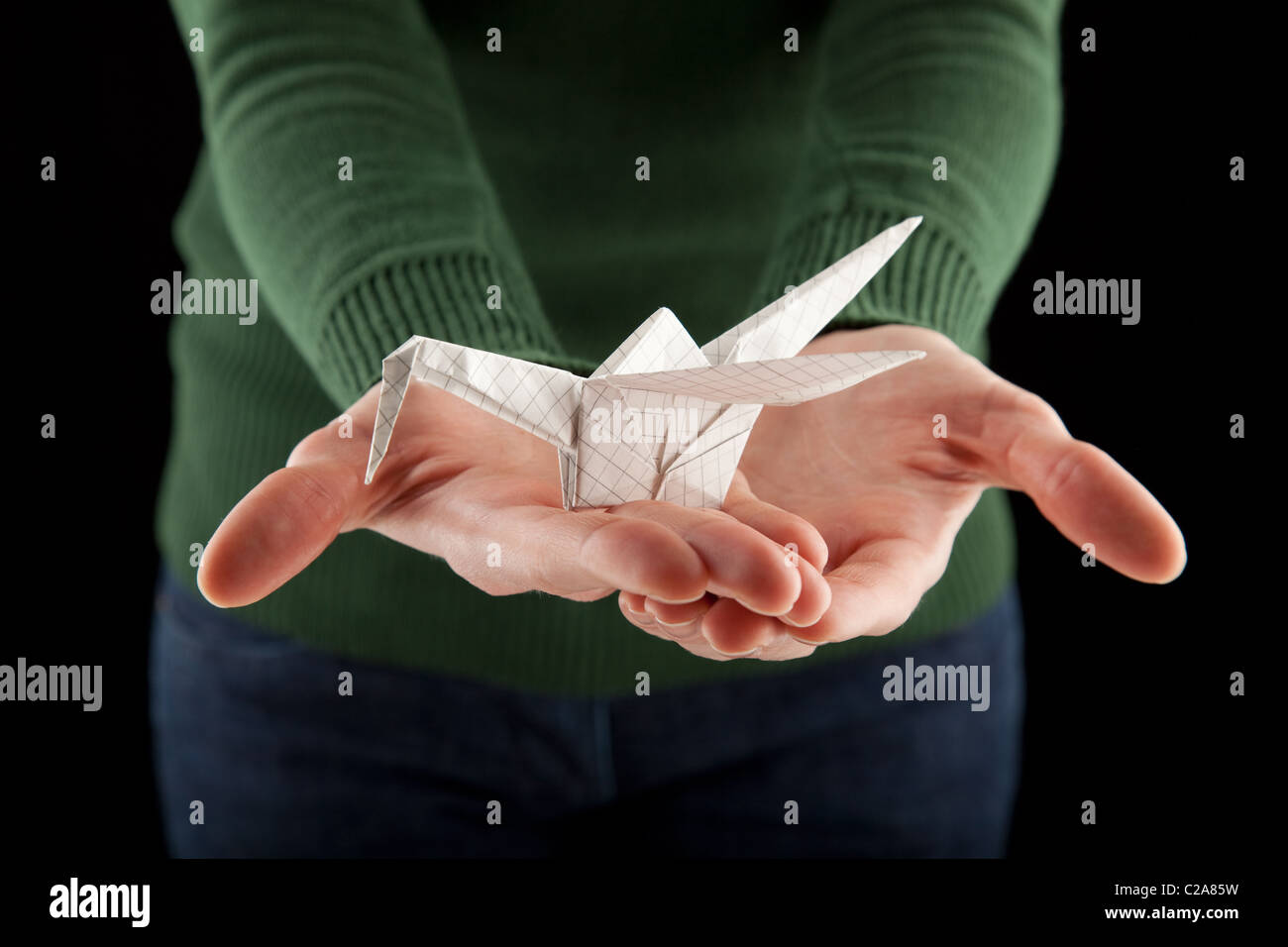 Les mains tenant une grue en origami, l'accent sur l'oiseau Banque D'Images