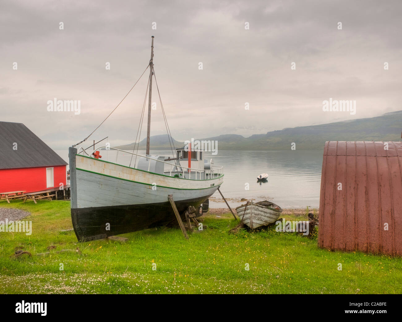 Vieux bateau de pêche pour le musée de la marine, Randulffssjohus Eskifjord, Islande, Banque D'Images Vieux bateau de pêche pour le musée de la marine, Randulffssjohus Eskifjord, Islande, Banque D'Images
