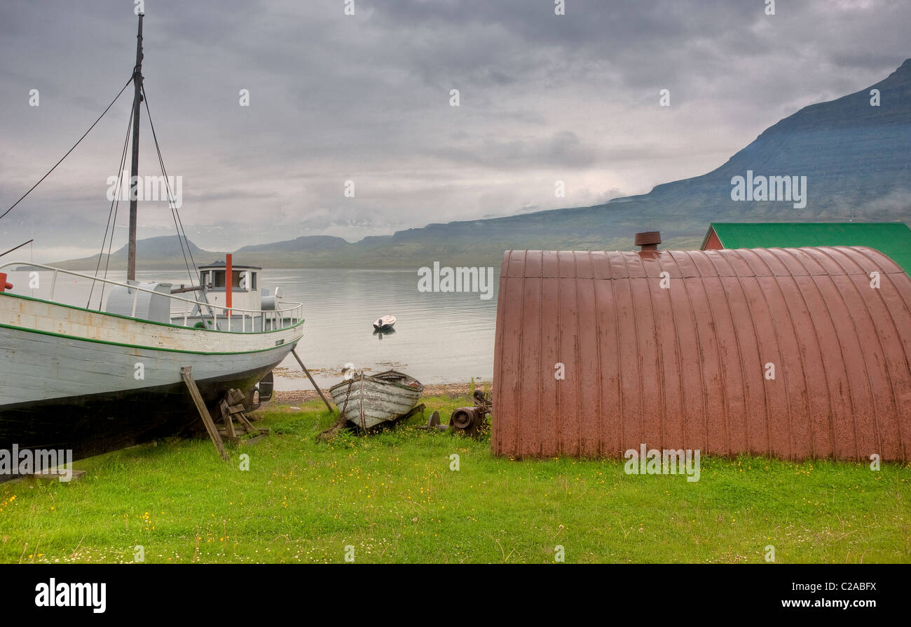 Vieux bateau de pêche pour le musée de la marine, Randulffssjohus Eskifjord, Islande, Banque D'Images Vieux bateau de pêche pour le musée de la marine, Randulffssjohus Eskifjord, Islande, Banque D'Images