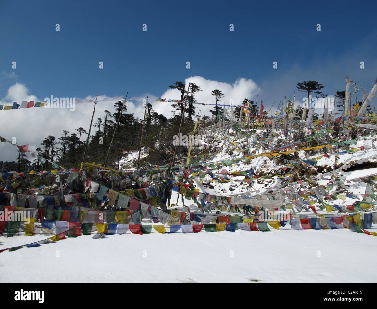 La neige et les drapeaux de prières à Thrumshingla, passer la frontière entre le centre et l'est du Bhoutan Banque D'Images