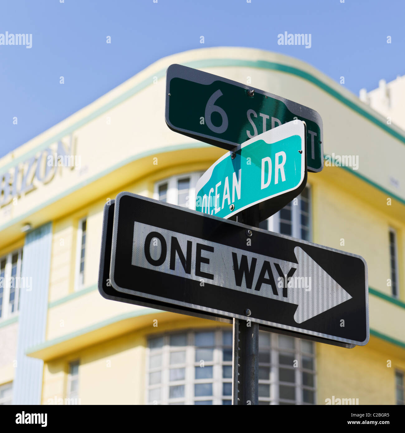 Signe d'Ocean Drive, à South Beach, Miami Banque D'Images
