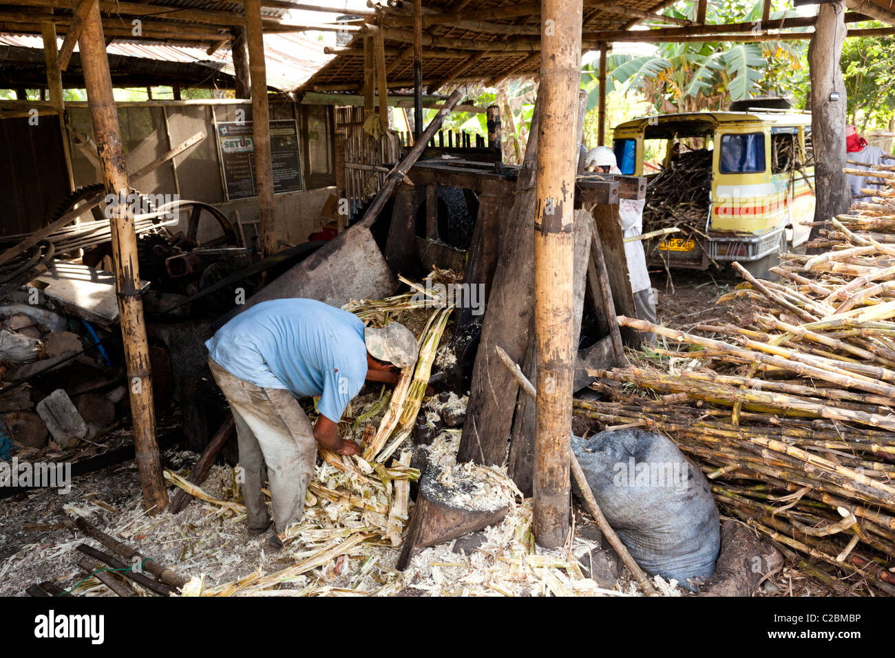 Travailleurs philippins à la canne à sucre de traitement par le biais d'un communiqué à un moulin à sucre aux Philippines Banque D'Images