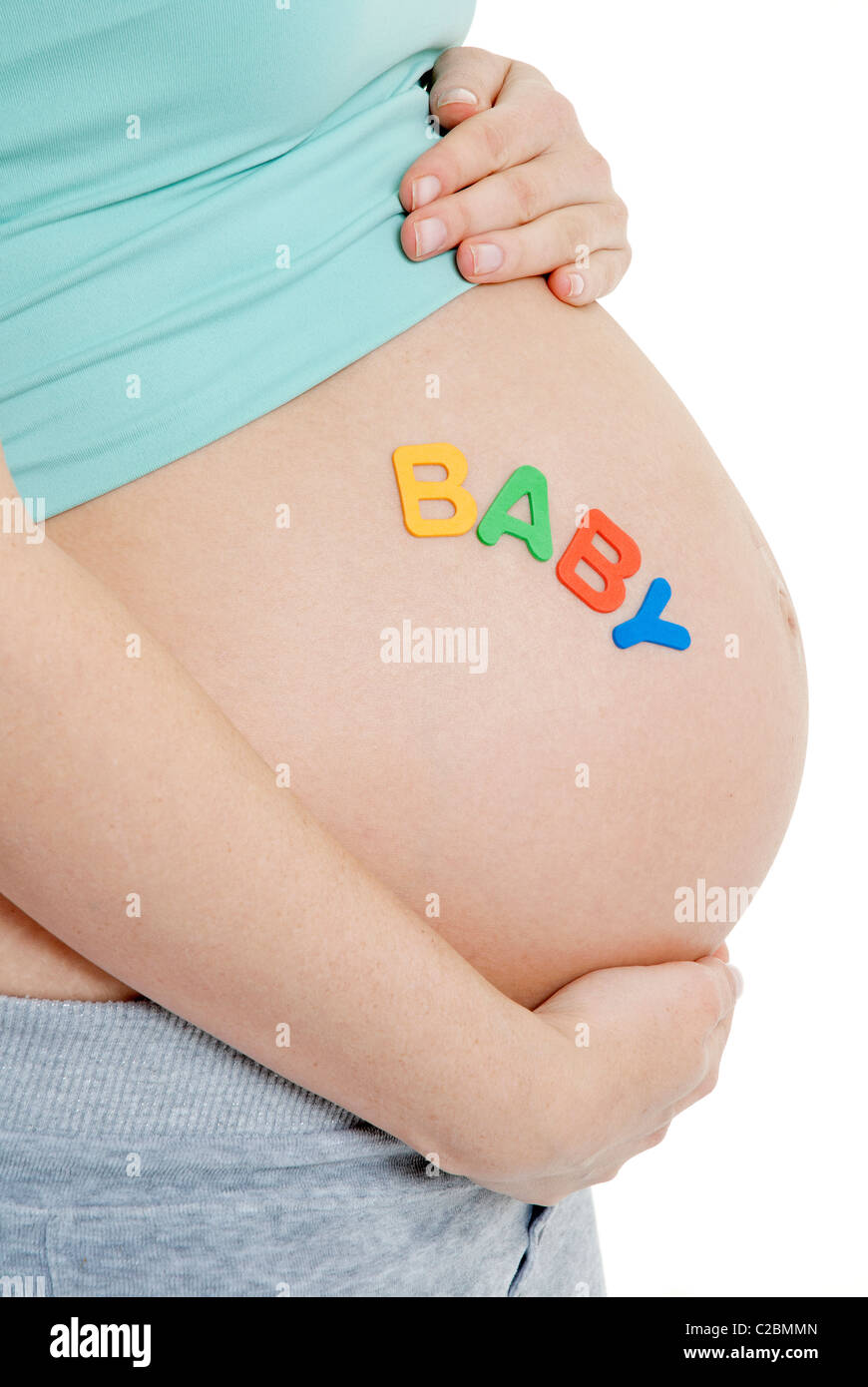 Femme Enceinte Avec Word Bebe Ecrit Sur Sa Bosse Photo Stock Alamy