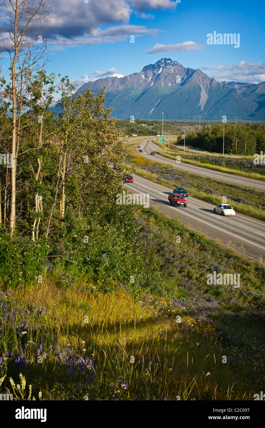 Les véhicules sur la route à travers les parcs la Mat-Su Valley. La route relie les villes d'Anchorage et Fairbanks. Banque D'Images