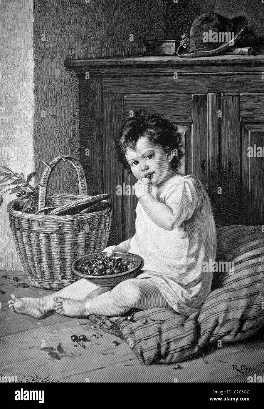 Enfant de manger les cerises, illustration historique, vers 1886 Banque D'Images