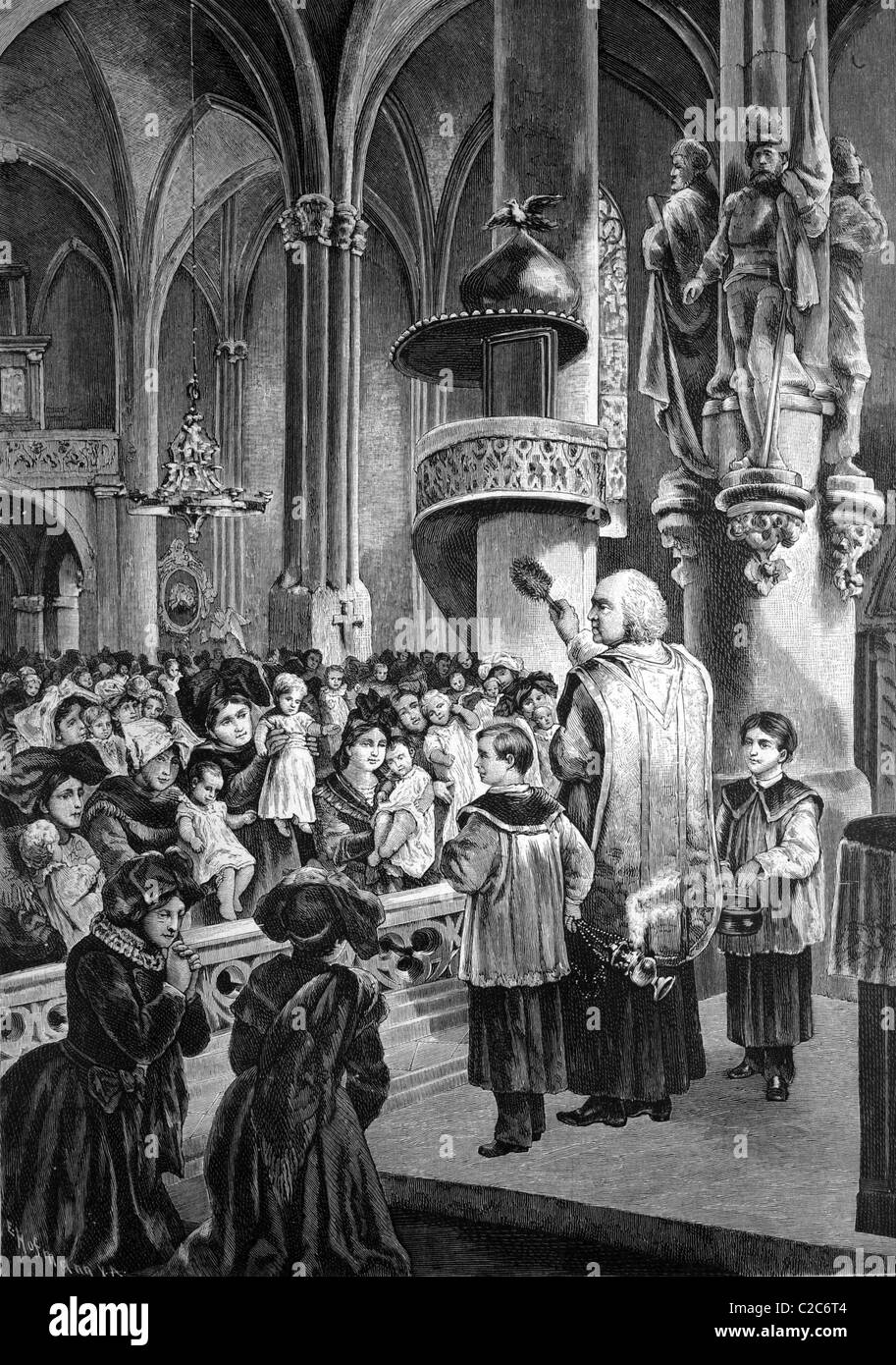 Bénédiction des enfants à Pâques en 1886 en Alsace, l'illustration historique, vers Banque D'Images