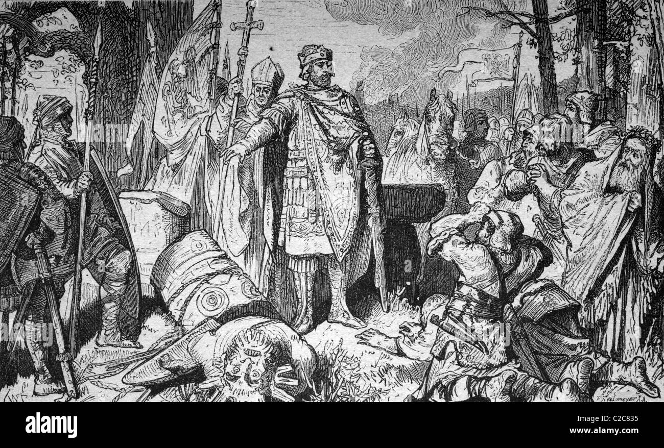 Basculement de l'vieux saxon Irminsul pilier par Charlemagne ou Charles le Grand, illustration historique, vers 1886 Banque D'Images