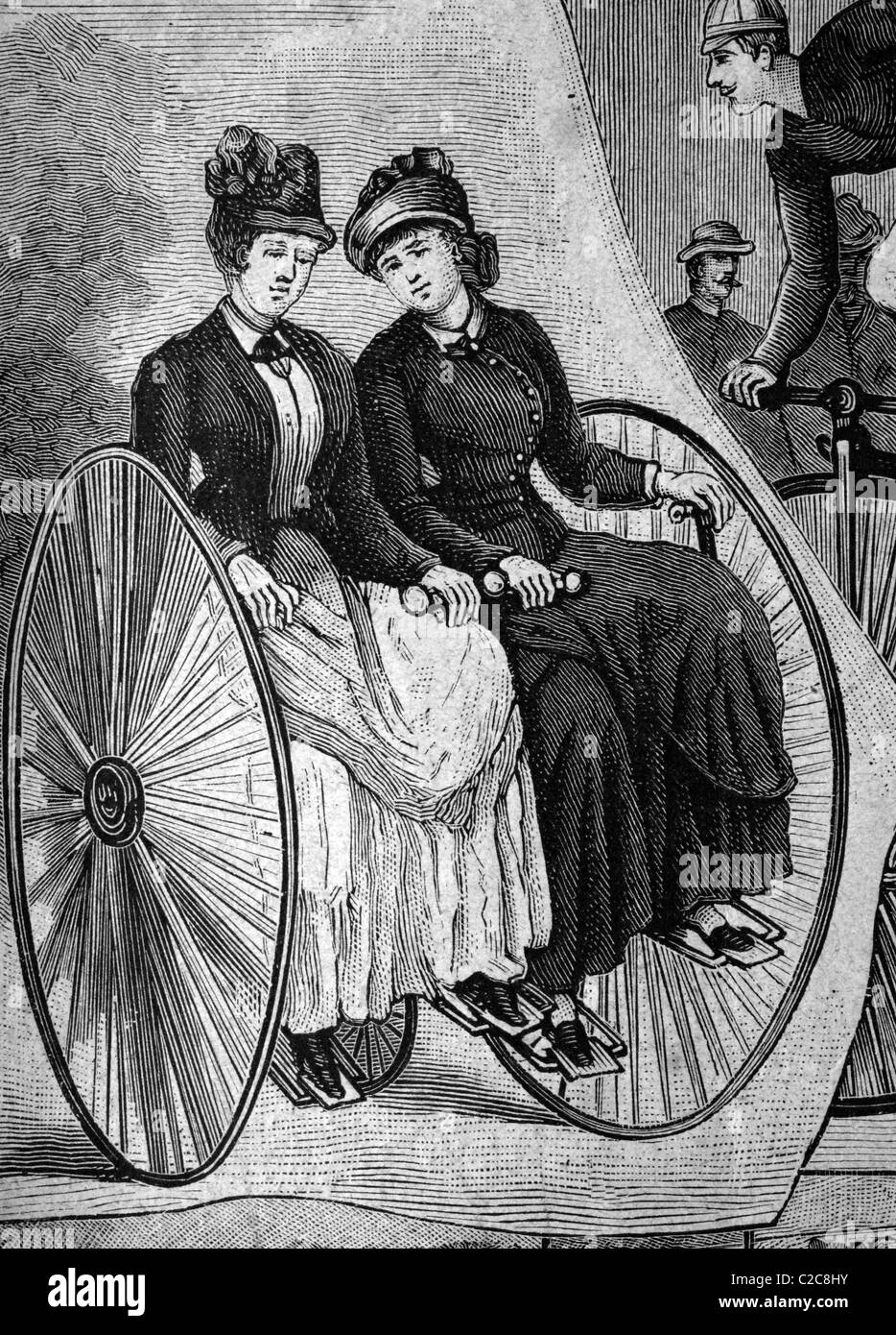 Les femmes sur un tricycle, illustration historique, vers 1886 Banque D'Images