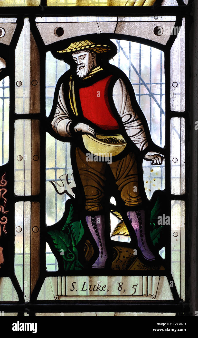 Parabole du Semeur de vitraux, l'église Saint-Laurent, Sandhurst, Gloucestershire, England, UK Banque D'Images