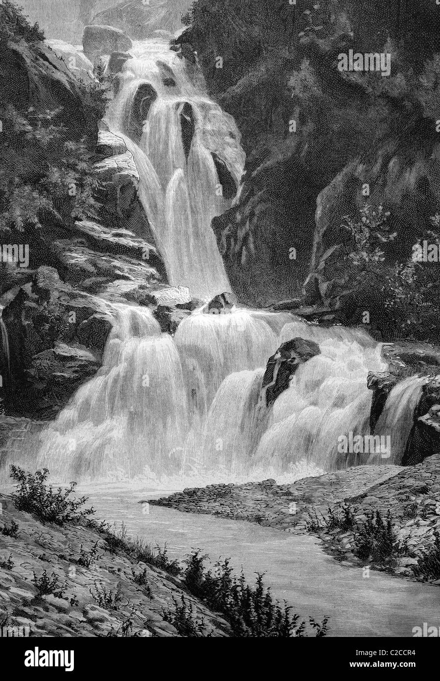 Reichenbach Falls près de Meiringen, Suisse, illustration historique, ca. 1893 Banque D'Images