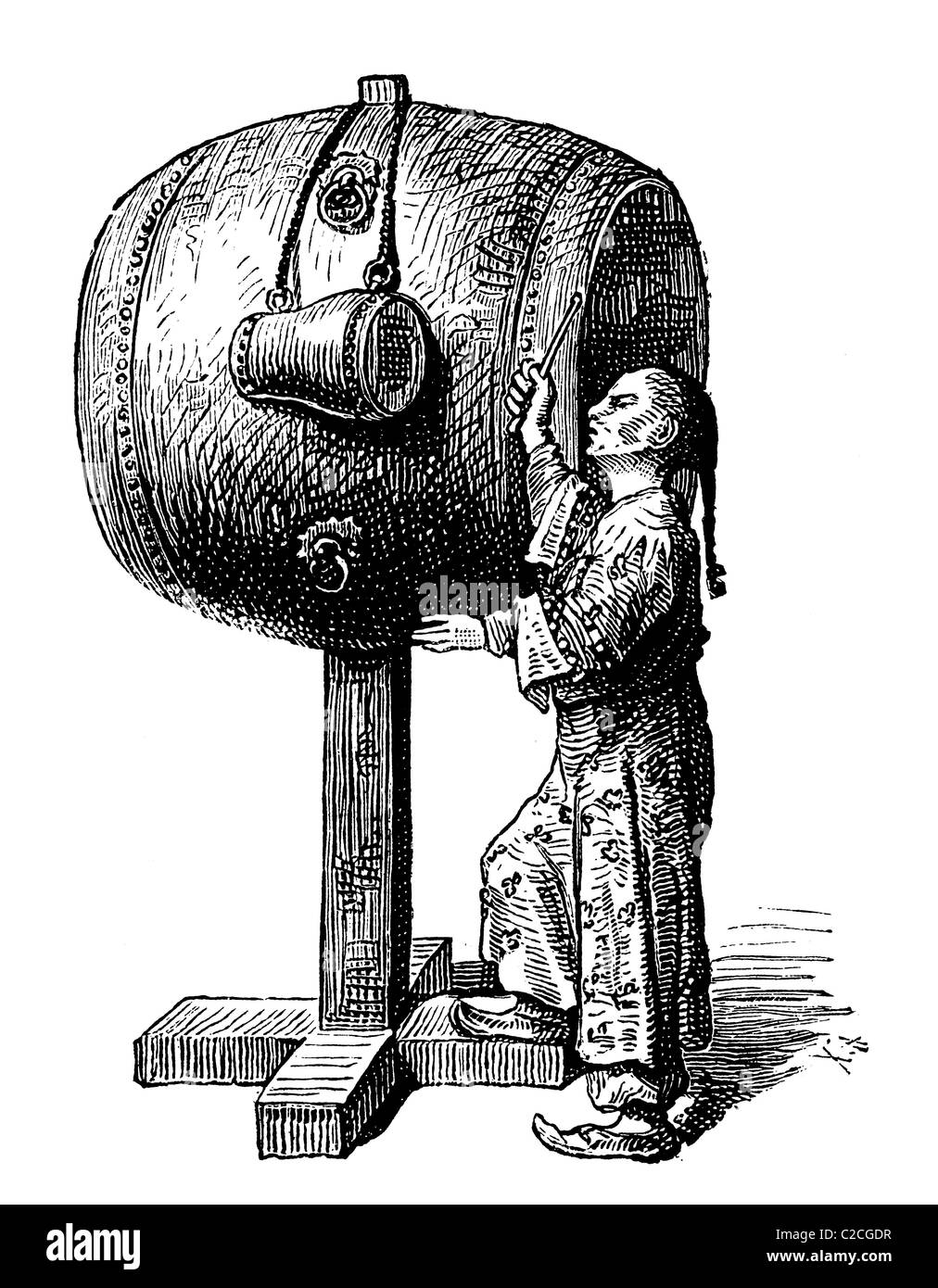 Hiuen Kou, tambour géant chinois, tableau historique, à propos de 1893 Banque D'Images