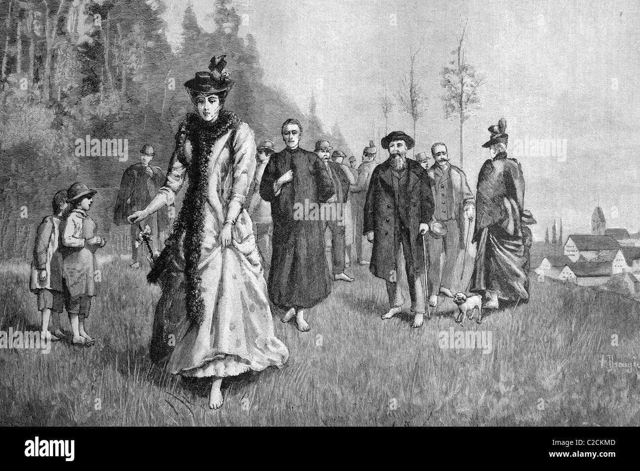 Cure Kneipp, des gens marchant pieds nus sur l'herbe humide en Woerishofen, Bavière, Allemagne, tableau historique, à propos de 1893 Banque D'Images