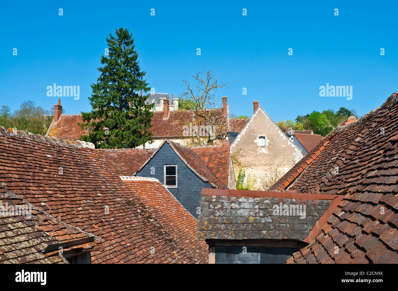 Vue sur le toit de maisons anciennes - France. Banque D'Images