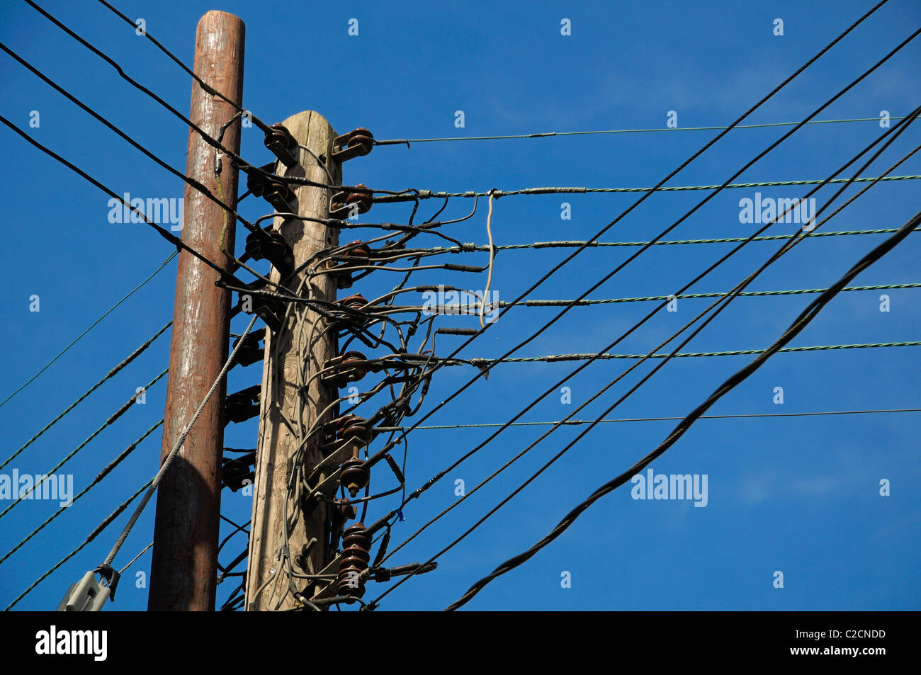Les câbles téléphoniques connectés à un poteau télégraphique. Banque D'Images