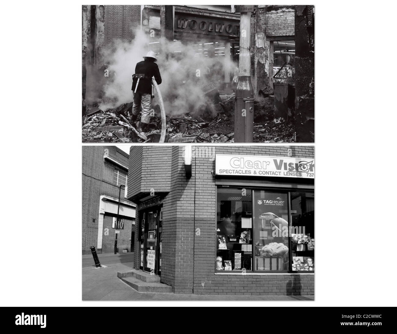 Un pompier amortit le feu d'un bâtiment incendié à l'angle de l'Electric lane et Coldharbor lane Brixton après riot Banque D'Images