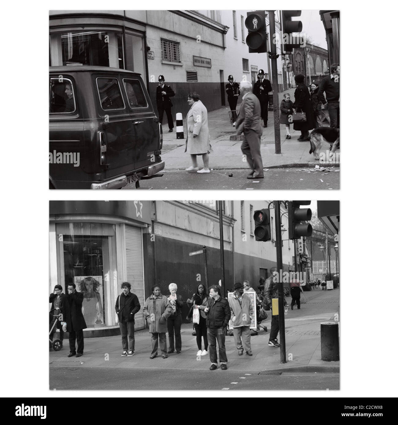 Passants , des agents de police et un fourgon de police à la jonction de Dorrell place et Brixton Road après l'émeute de Brixton Avril 1981 Banque D'Images