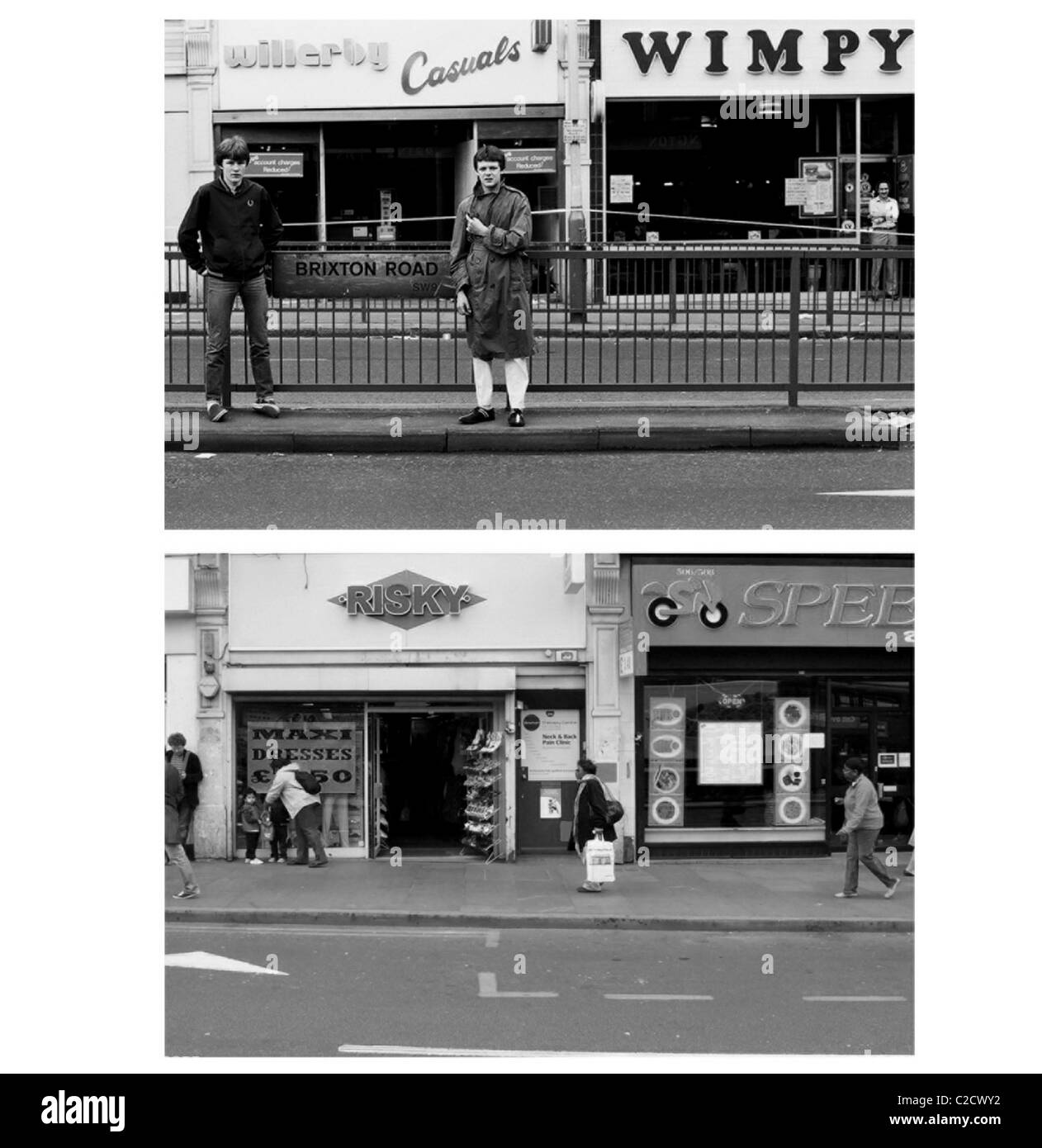 Deux adolescents en dehors de l'wimpey sur Brixton Road, Brixton le 12 avril 1981 et à quoi il ressemble en avril 2011. Banque D'Images