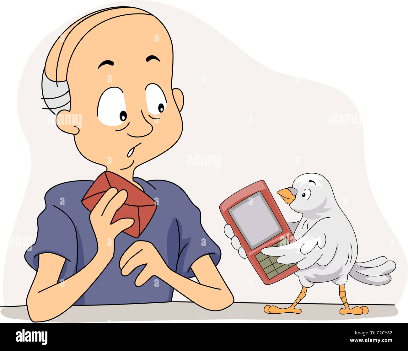 Illustration d'un enseignement Pigeon un vieil homme d'utiliser un téléphone mobile Banque D'Images