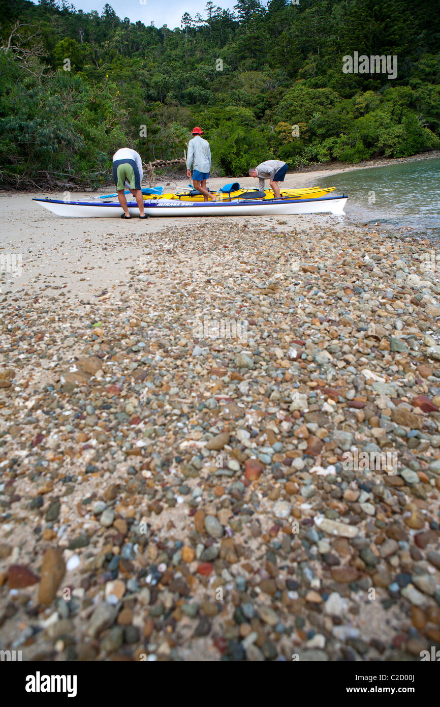 Les kayakistes sur la plage sur l'Île Whistunday Dugong Banque D'Images