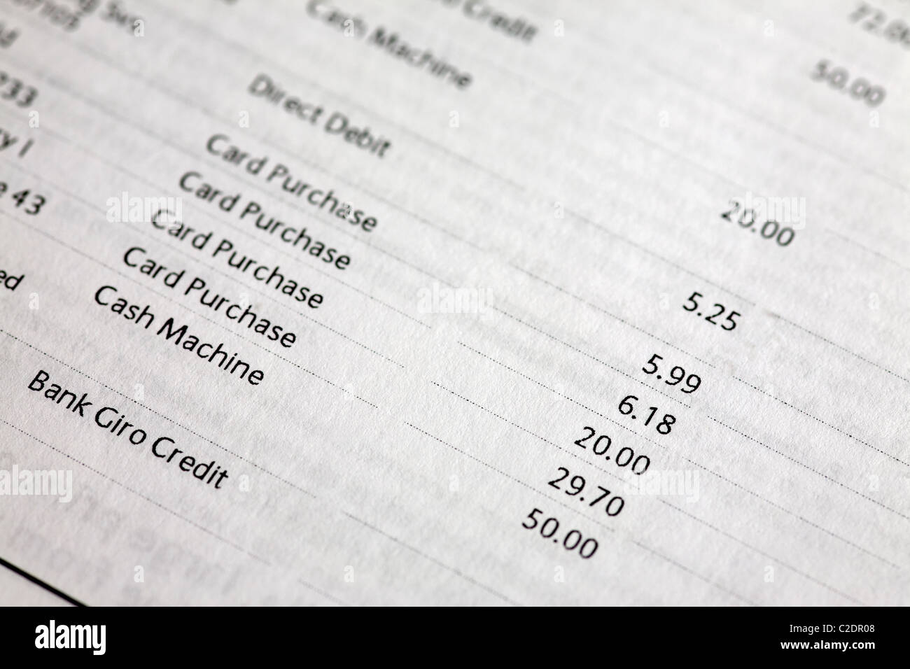 Relevé bancaire indiquant les paiements effectués Banque D'Images