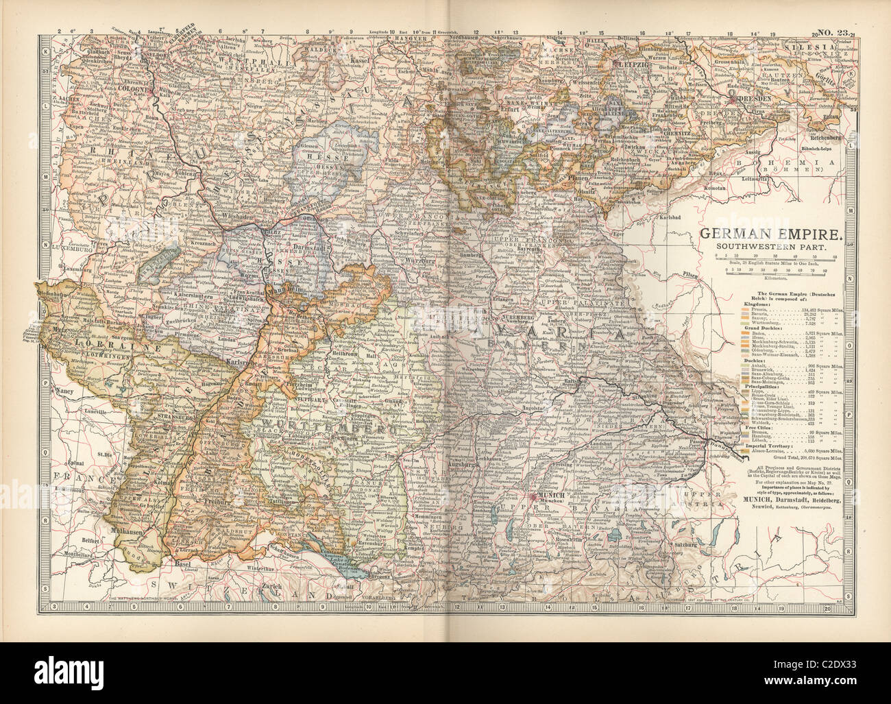 Carte de la partie sud-ouest de l'Empire allemand Banque D'Images