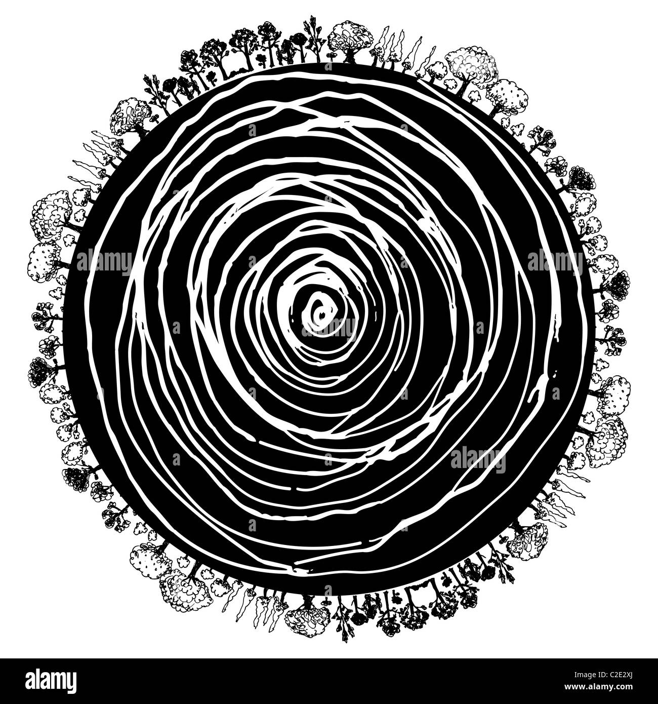 L'image d'une icône circulaire des racines des arbres et les arbres environnants. Banque D'Images