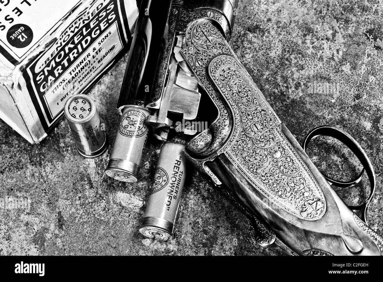 Holloway & Naughton avec cartouches de fusil de chasse vintage Banque D'Images