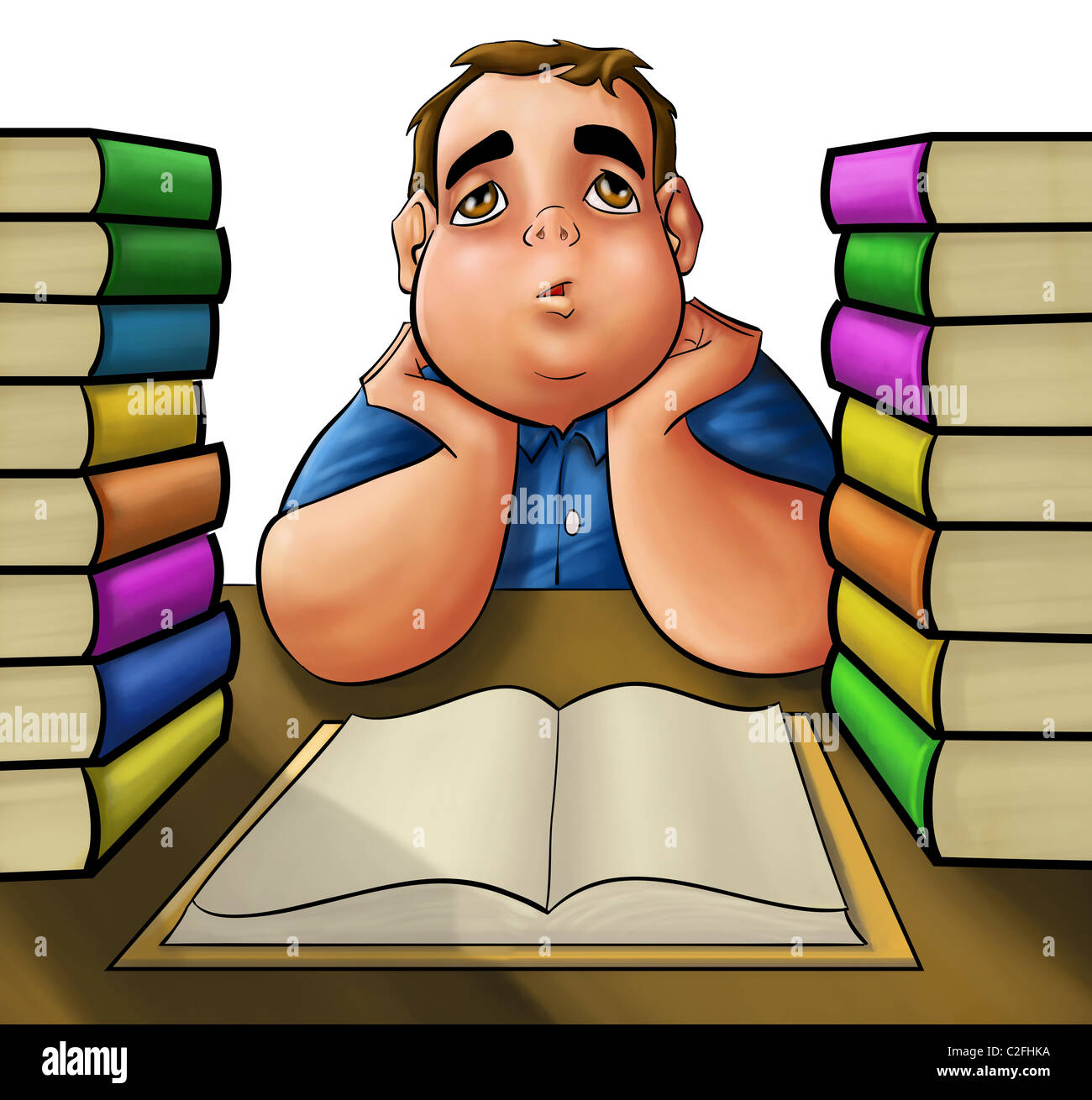 Young fat boy avec une pile de livre à lire Banque D'Images