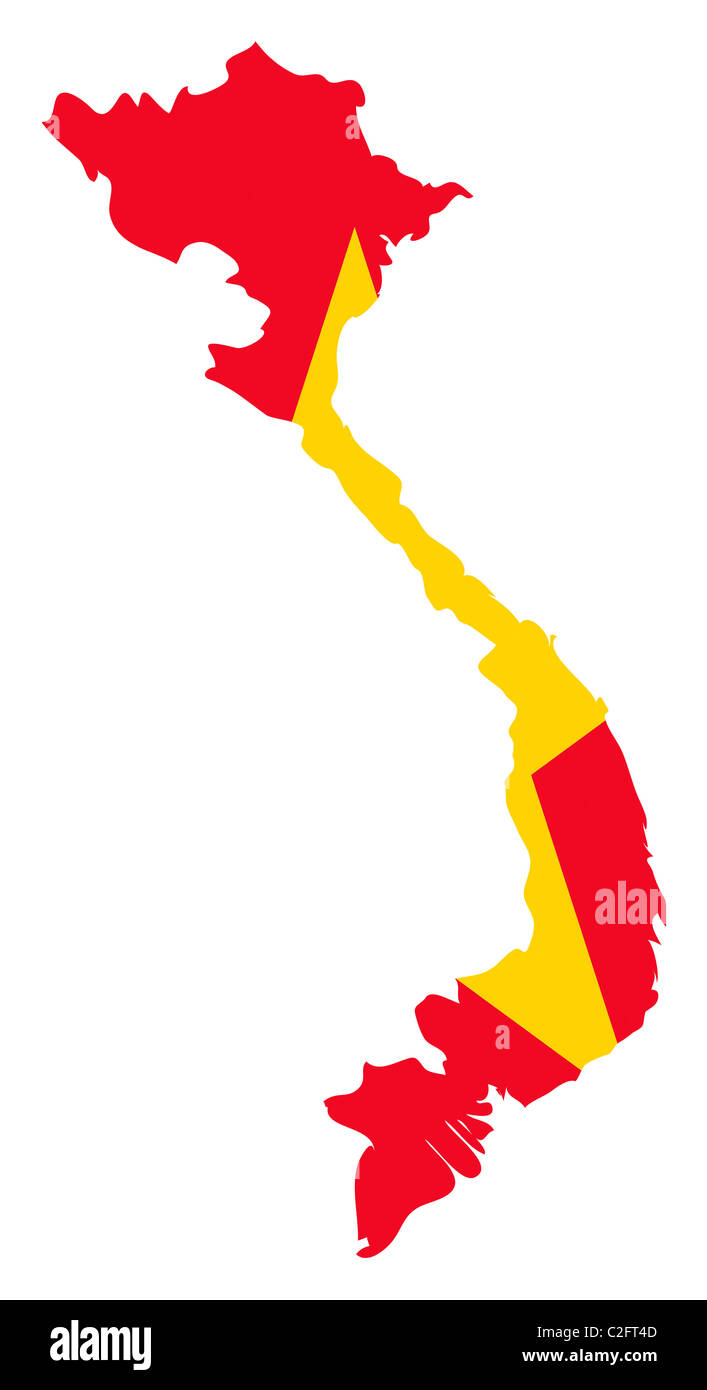 Illustration du drapeau du Vietnam sur la carte de pays ; isolé sur fond blanc. Banque D'Images
