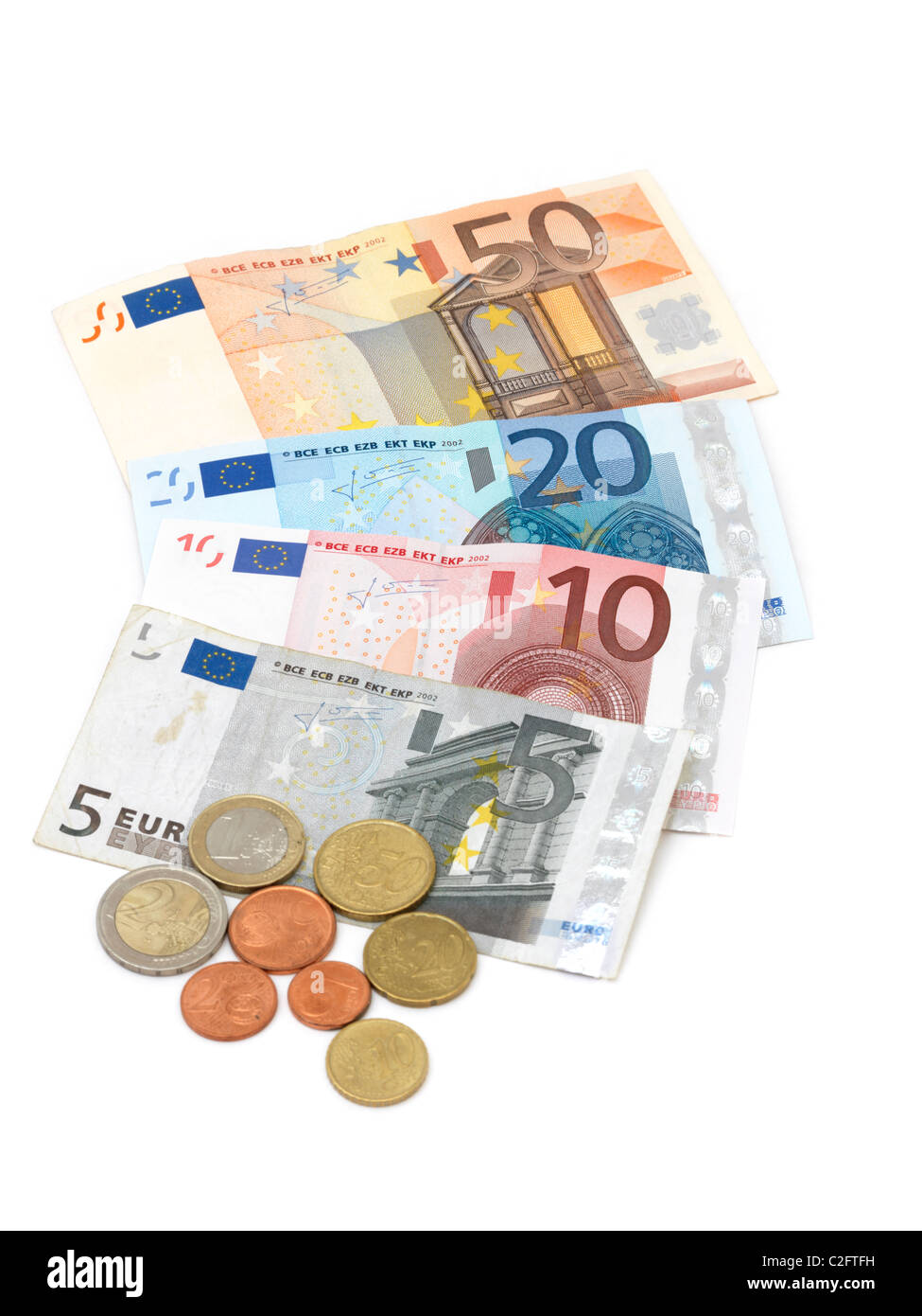 Les billets et pièces en euros 5,10,20,50 Banque D'Images