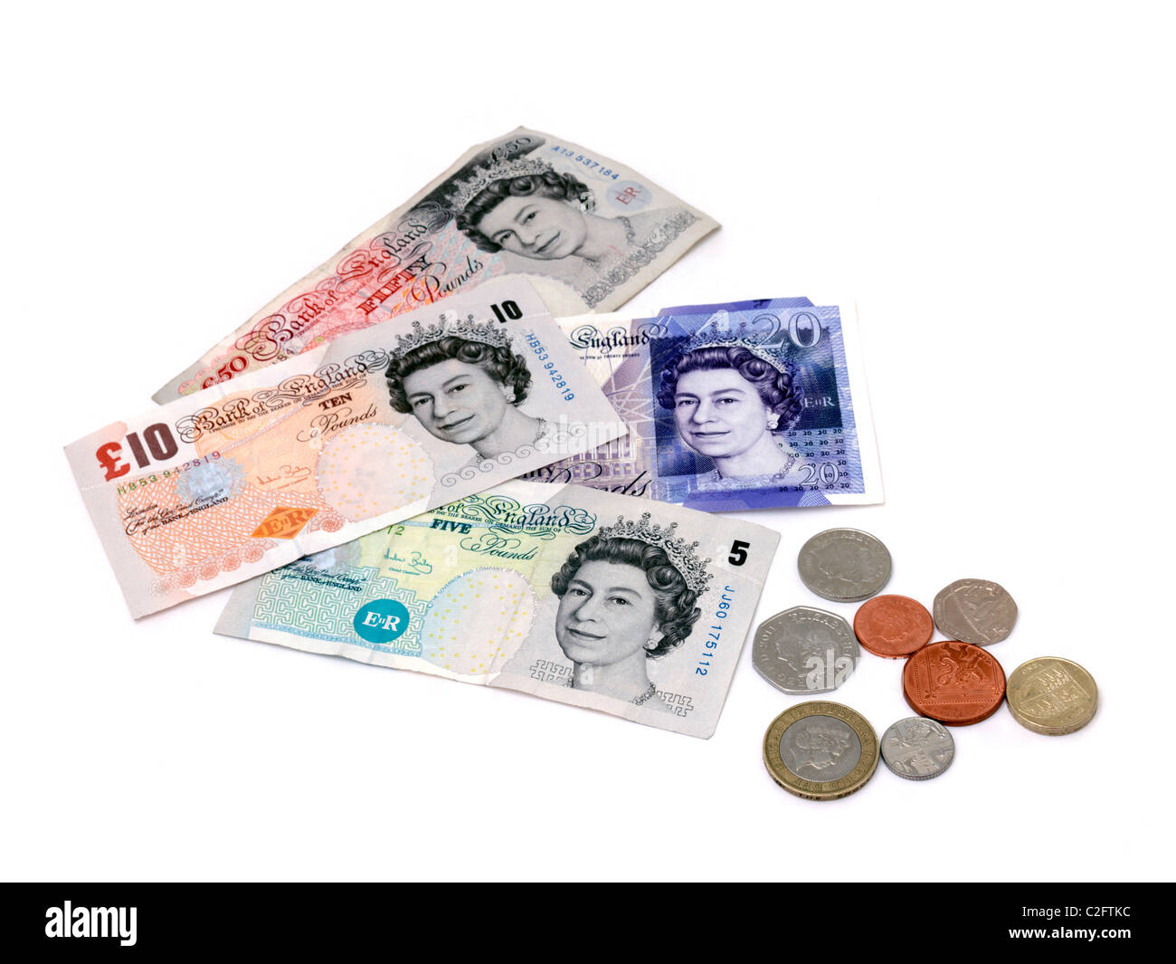 Billets et pièces Sterling £5,€10, 20€50£, et 1 pence, 2 pence, 5 pence, 10 centimes, 20 centimes, 50 centimes, £1 et £2 pièce de monnaie Banque D'Images