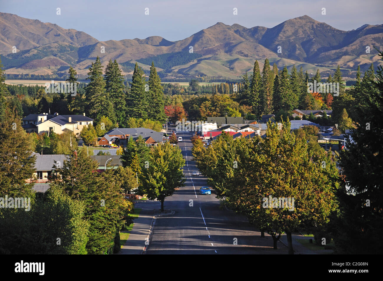 Vue de la ville depuis la colline conique, Hanmer Springs, région de Canterbury, île du Sud, Nouvelle-Zélande Banque D'Images