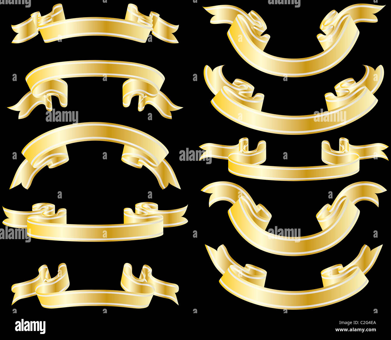 Ensemble de rubans rayés d'or sur fond noir Banque D'Images